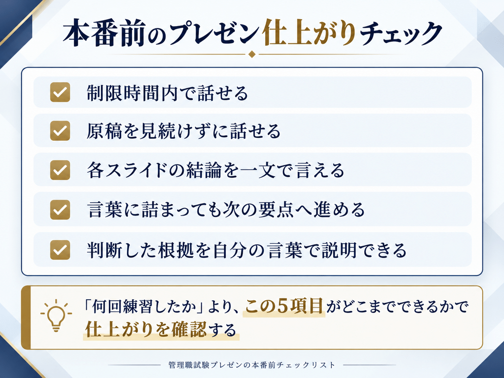 管理職試験プレゼンの本番前チェックリスト。制限時間、原稿を見ずに話す、各スライドの結論、途中からの立て直し、判断根拠の説明の5項目。