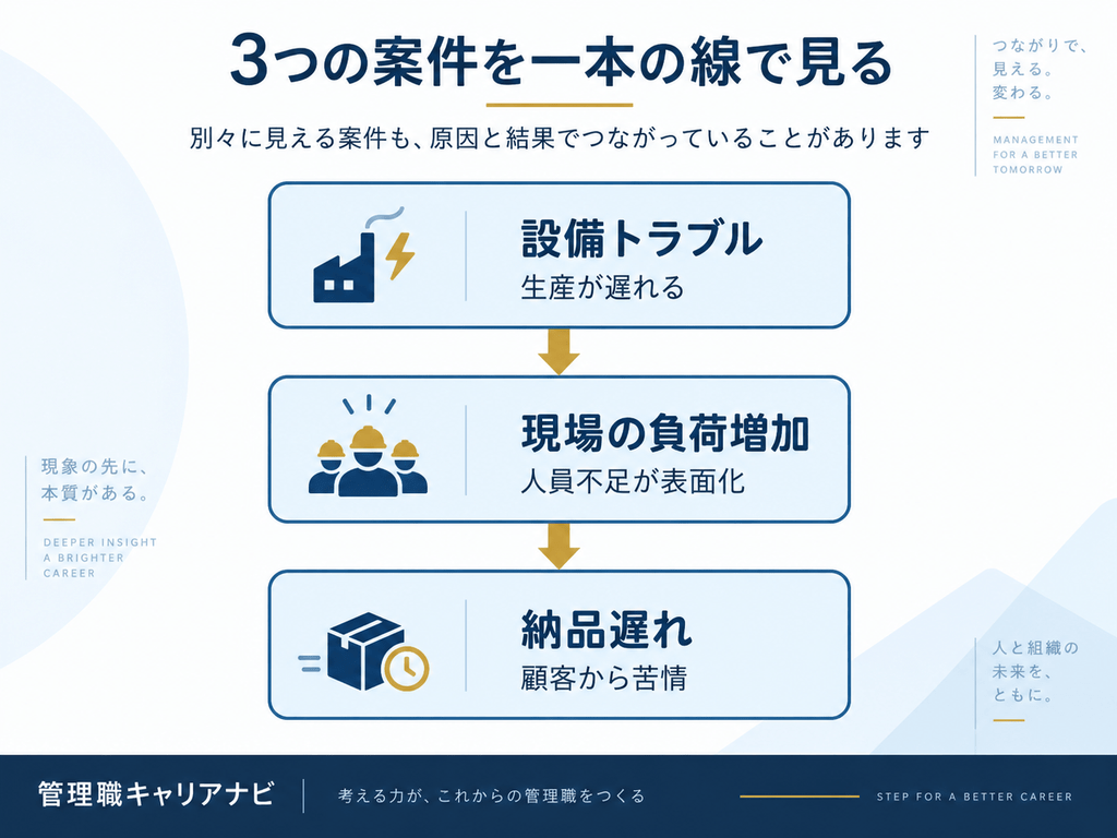 設備トラブルによる生産遅れが現場の負荷増加と人員不足につながり、納品遅れと顧客からの苦情へ波及する流れ