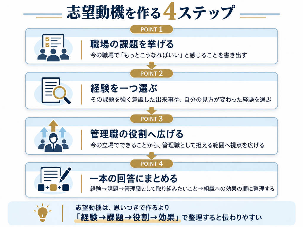 職場の課題を挙げる、経験を一つ選ぶ、管理職の役割へ広げる、一本の回答にまとめるという志望動機作成の4ステップ